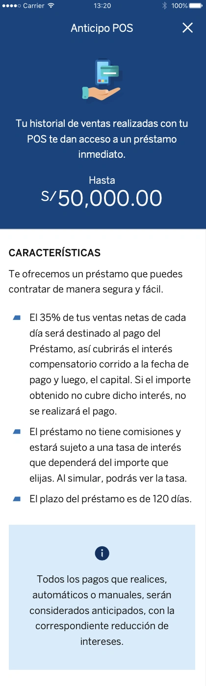 Anticipo POS features screen explaining the deduction mechanism, the rate and the term