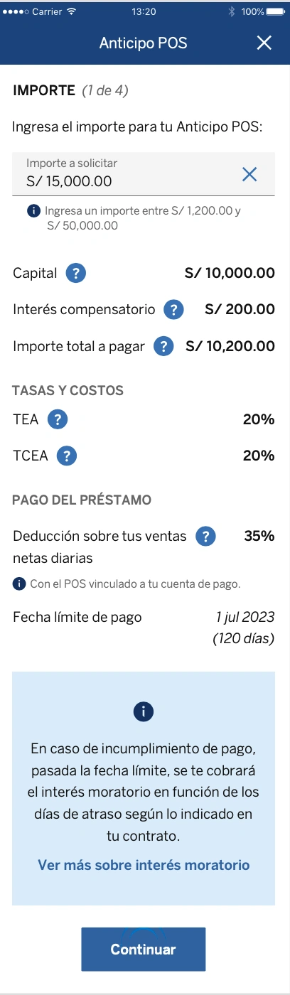 Anticipo POS simulation screen with the summary of loan conditions