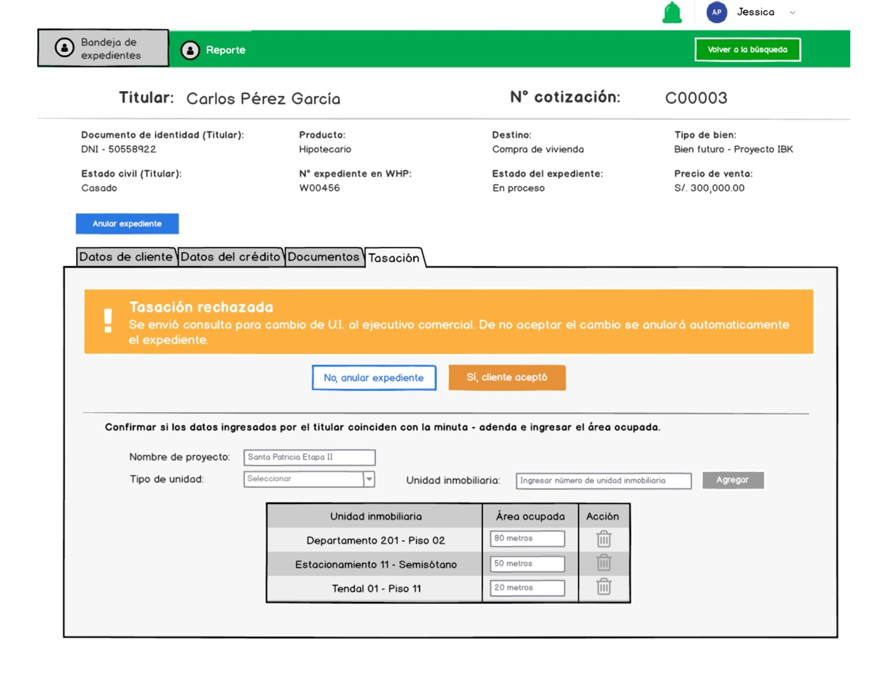Pantalla de ASSI mostrando el caso de una tasación rechazada