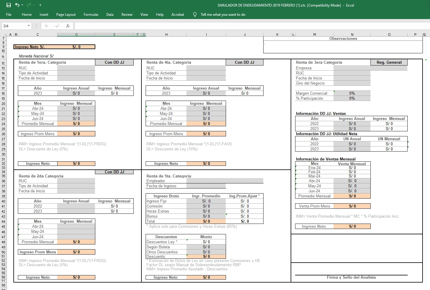 Simulador de endeudamiento en Excel usado por los analistas de crédito antes de Janus