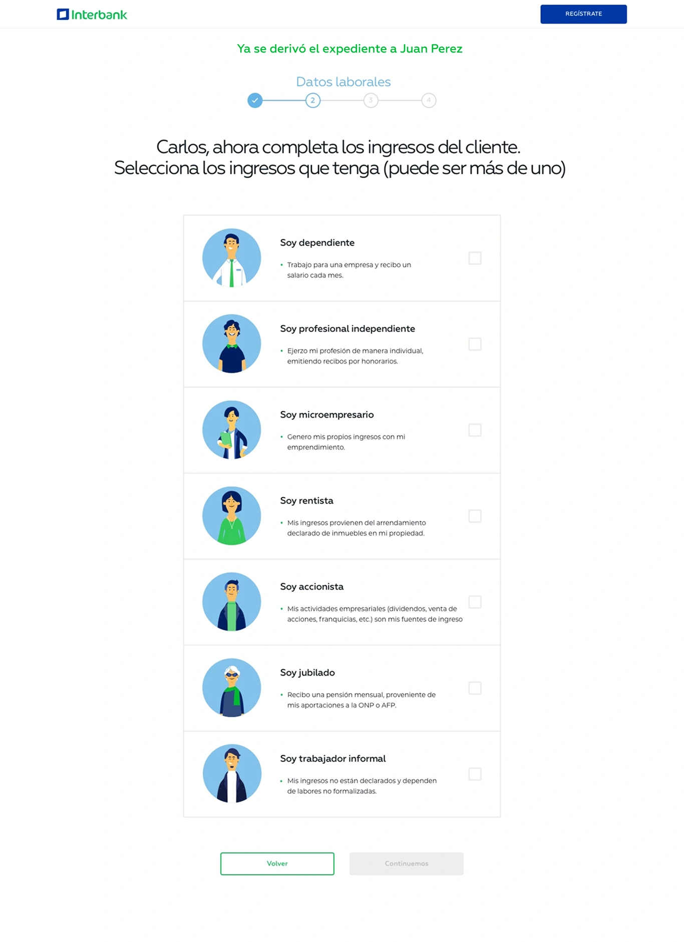 Pantalla de selección de tipos de ingreso en el formulario de cotización